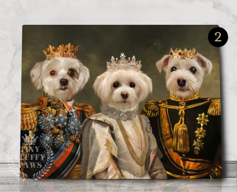 May include: Three white dogs wearing royal attire, including crowns and gold trim, are depicted in a painting. The dogs are posed in a regal manner, with the dog in the center wearing a white gown and the dogs on either side wearing gold and black uniforms.