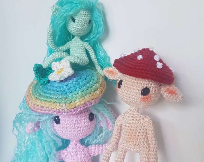 little Sprite crochet pattern, amigurumi, USA+Dutch, bendable fantasy doll, elf, mushroom.