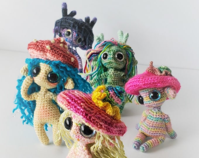 Sprixie crochet pattern, digital file,  fantasysprites design, mushroom cap, snail, antlers, fantasy crochet, imagination, US terminology.
