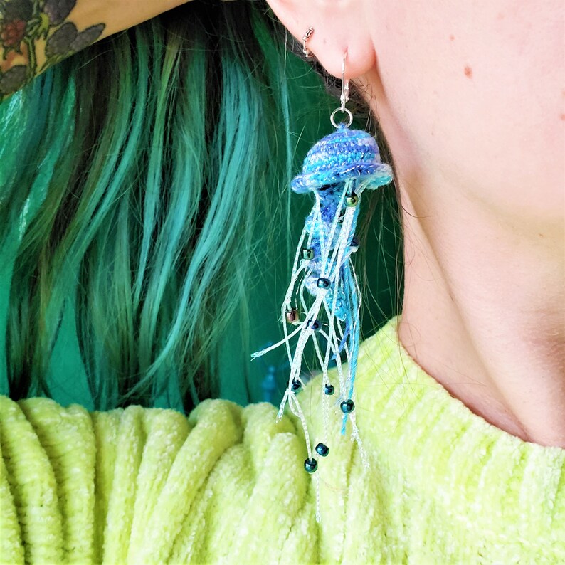 Jellyfish Earrings crochet beads handmade. own design. Etsy