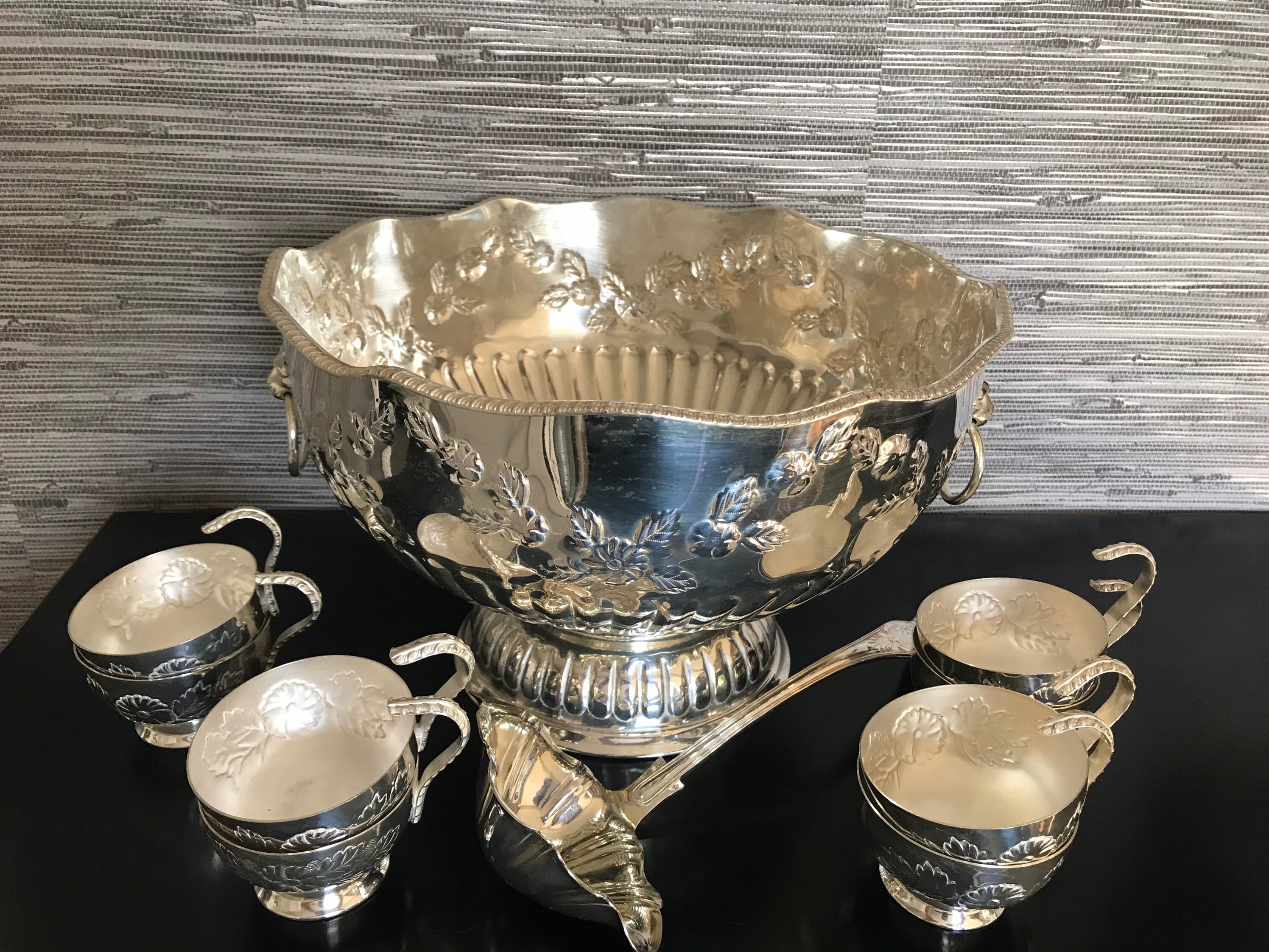 Antique silver plated Punch bowl with ladle and eight cups Etsy