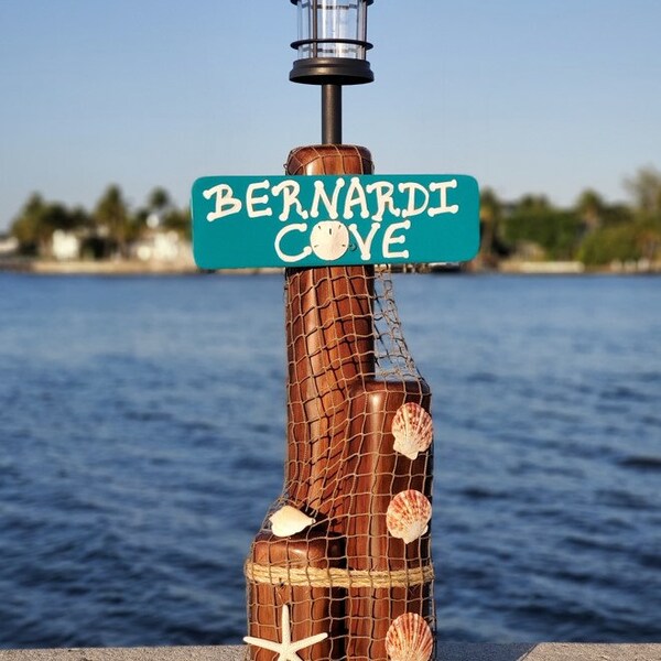 Dark Brown / Coastal / Nautical / Wood Pilings / 3 tier post 23" 14" 8" With solar light 30" tall