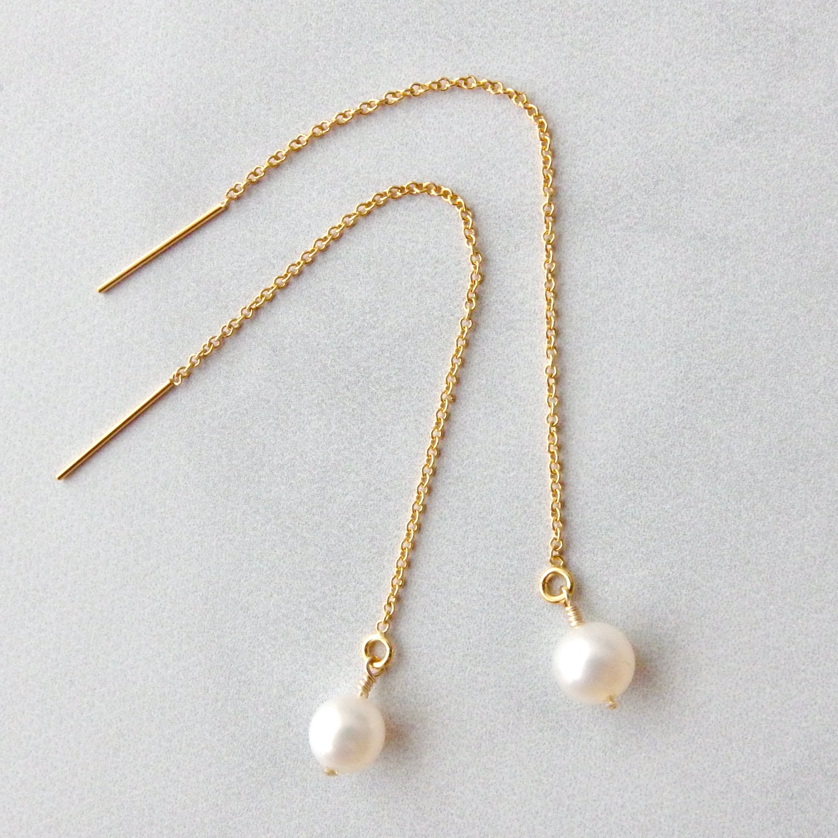 Pearl Threader Earrings 14k Gold Fill Round White Etsy UK
