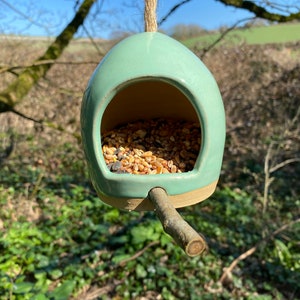 May include: A light green ceramic bird feeder with a twig perch and a rope for hanging. The feeder is filled with birdseed.