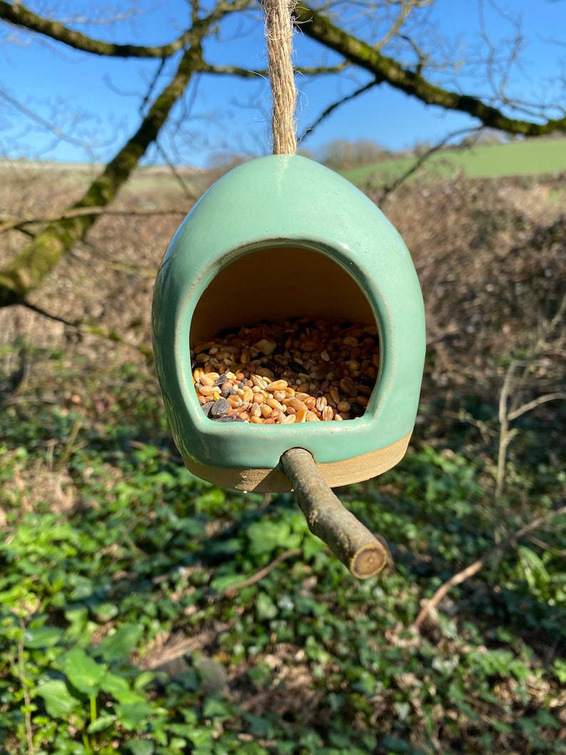 May include: A light green ceramic bird feeder with a twig perch and a rope for hanging. The feeder is filled with birdseed.