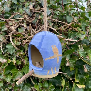 Handmade Ceramic Hanging Bird Feeder with wax resist birds