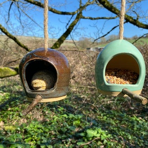 May include: Two ceramic bird feeders hanging from tree branches. One feeder is brown with a suet cake inside and the other is light blue with birdseed.