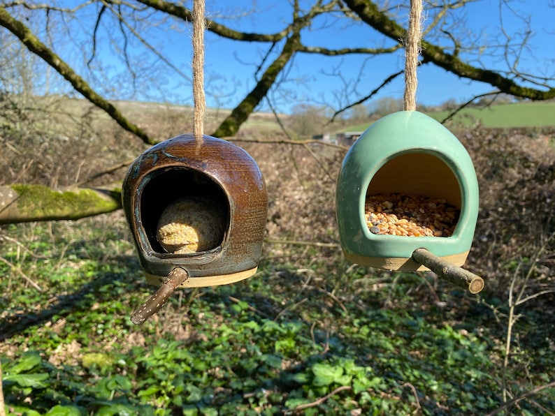 May include: Two ceramic bird feeders hanging from tree branches. One feeder is brown with a suet cake inside and the other is light blue with birdseed.