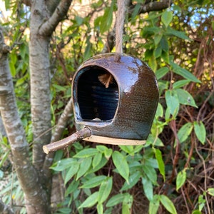 May include: A brown and blue ceramic bird feeder with a small wooden perch hanging from a string.
