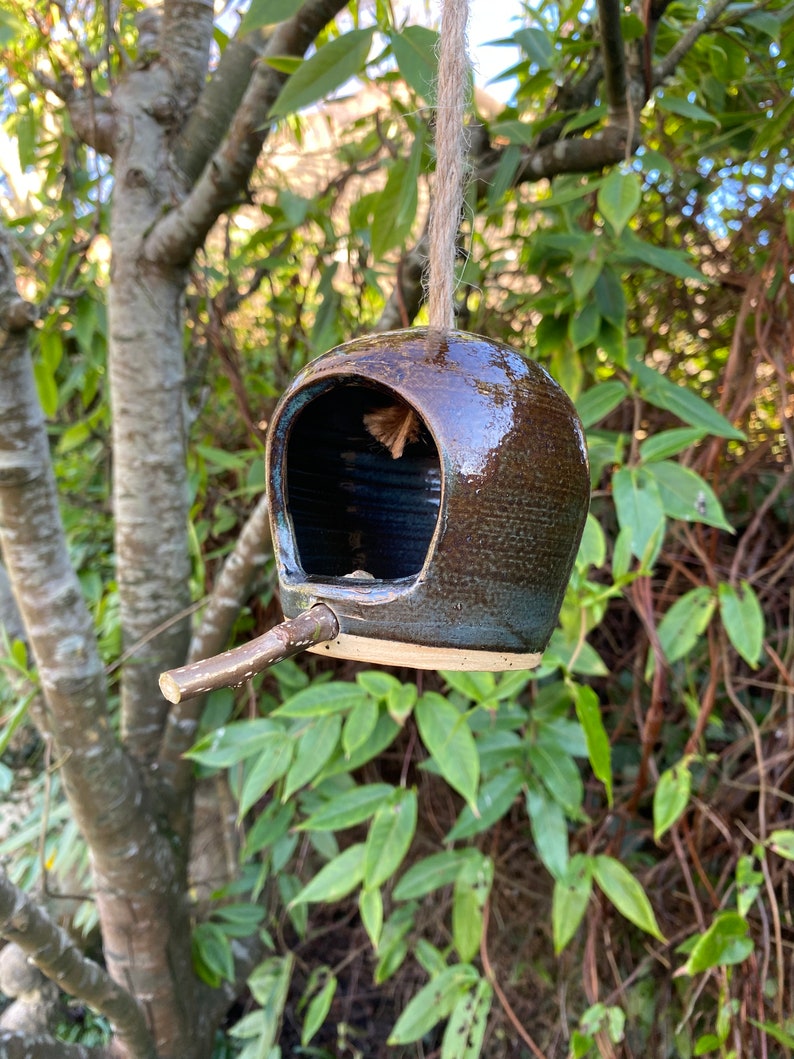 May include: A brown and blue ceramic bird feeder with a small wooden perch hanging from a string.