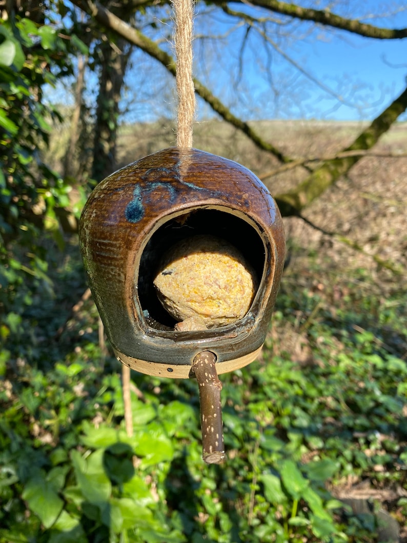 May include: A brown and blue ceramic bird feeder with a wooden perch hanging from a rope. The feeder is filled with a yellow suet cake.