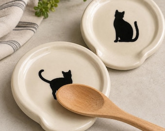 Handmade Ceramic Spoon Rest with Black Cat Design – Pottery Kitchen Gift