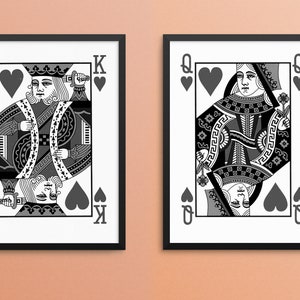 Queen of Hearts, King of Hearts, playing card art, king queen print, couple bedroom art, art de couple, art de couple romantique, décor de chambre à coucher de couple
