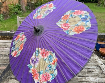 Vintage Oriental Asian Paper Parasol Purple Florals Bamboo & Decorated Wood Handle