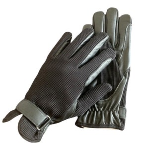 May include: A pair of black leather riding gloves with a textured grip on the palm and fingers. One glove has a strap on the wrist.
