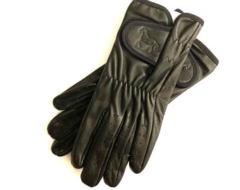 Women&#39;s & Men&#39;s Leather Equestrian Gloves-Black-Handmade with Soft Premium Quality Genuine Leather (Fits like second skin) Christmas Gift