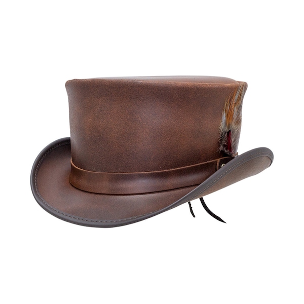 Steampunk Leather Top Hat | with a Smart Feather on Band | Black and Brown Color | Handmade | 100% Real Cowhide Leather | New with Tags