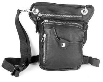 Black thigh bag in genuine leather, waist bag, hip bag, high quality real leather