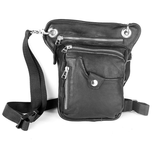 Black thigh bag in genuine leather, waist bag, hip bag, high quality real leather