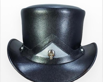Evil Gothic Ghost | Leather Top Hat | 100% Genuine Cowhide Leather | Black | With Skull Band | Handmade | Quality Leather Accessories