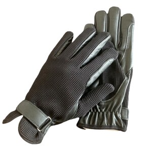 May include: A pair of black leather riding gloves with a textured grip and a strap on the wrist.