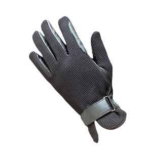 May include: Black leather riding gloves with a textured fabric back and a velcro strap closure.