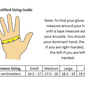 May include: A sizing guide for women's gloves, showing a hand with a measuring tape around the knuckle. The chart shows sizes in centimetres, ranging from 16.5-17 cm to 19.5-20 cm.