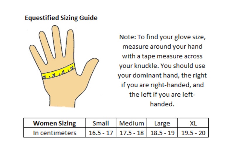 May include: A sizing guide for women's gloves, showing a hand with a measuring tape around the knuckle. The chart shows sizes in centimetres, ranging from 16.5-17 cm to 19.5-20 cm.