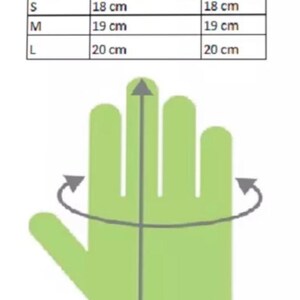 May include: A size guide for gloves, showing a hand with measurements for palm circumference and length. The chart shows sizes S, M, and L with corresponding measurements in centimeters.
