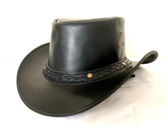 Sombrero de vaquero de cuero negro hecho a mano / Sombrero occidental unisex con banda trenzada