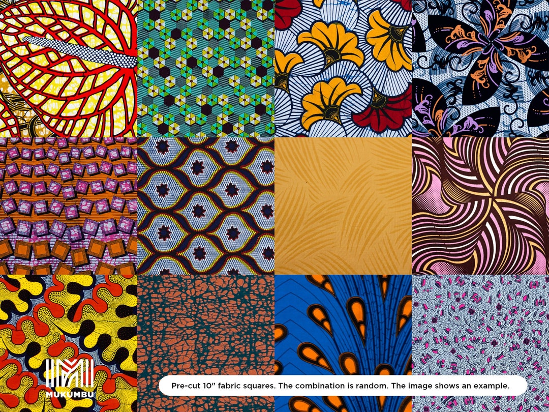 Cotton Fabric Precut 10 X 10 Squares, 12 Different 10 Inch Charm Pack,  Random Pack of 12 Different African Print Fabrics, Vlisco Wax Print 