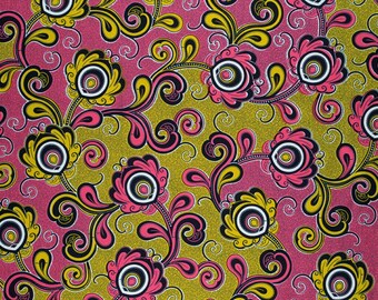 Bubblegum pink mustard african wax print fabric, Mustard Pink geometric Vlisco fabric by 1 yard, Flowers block print fabric for sew lover