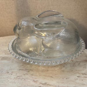 Vintage glass bunny rabbit lidded candy dish nesting rabbit bowl