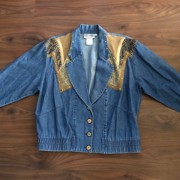 Vintage 80s/90s denim and animal print jacket by City Girl women’s size 8