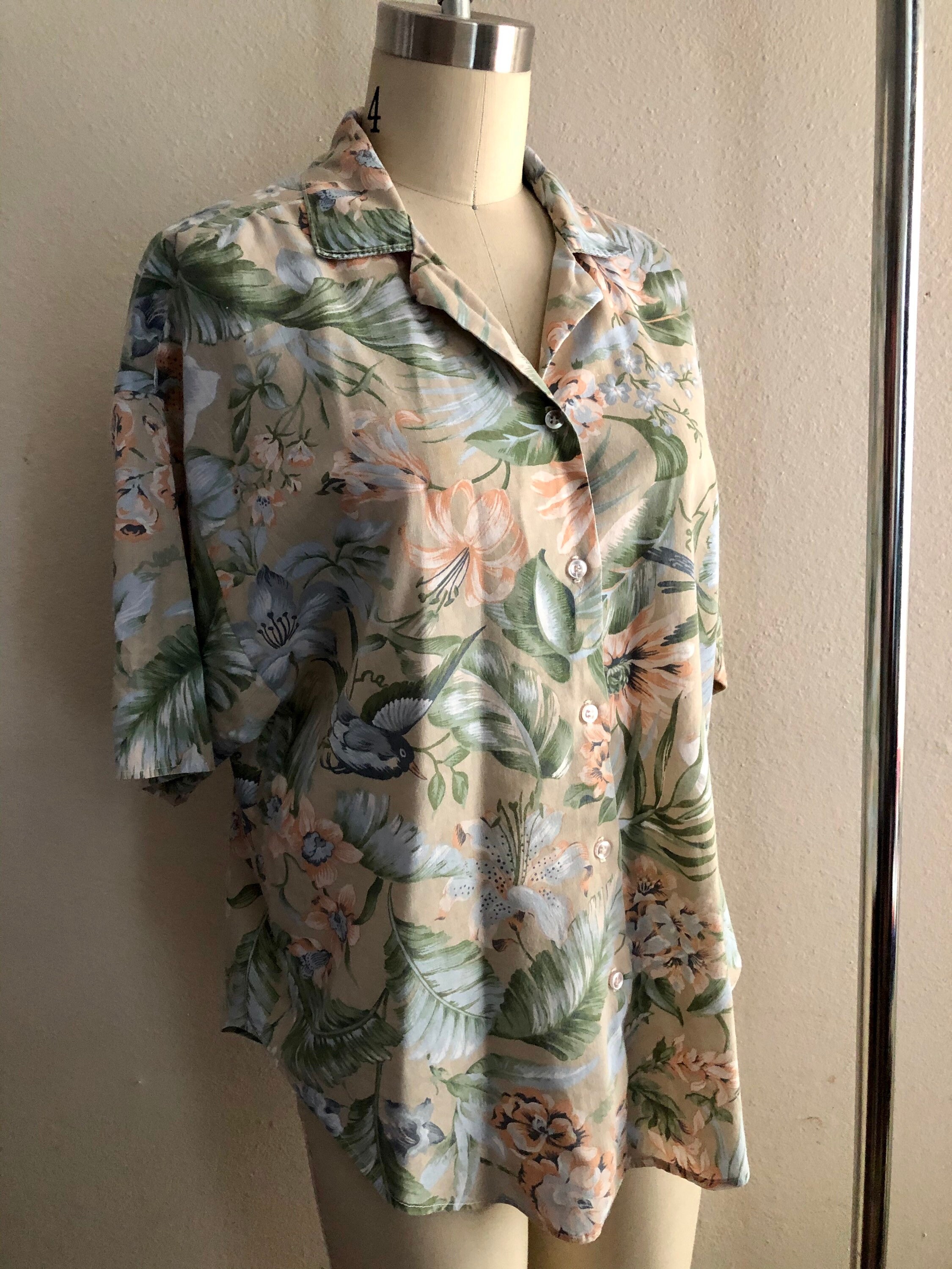 Vintage Floral and Birds Button Down Short Sleeve Top Womens - Etsy