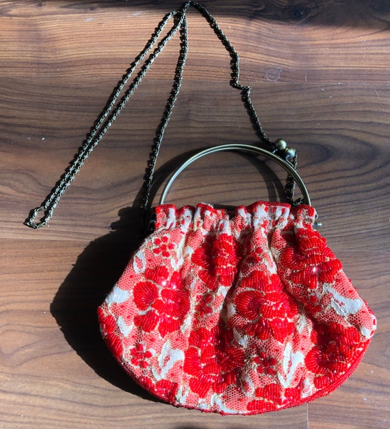 Gorgeous vintage beaded floral evening handbag red