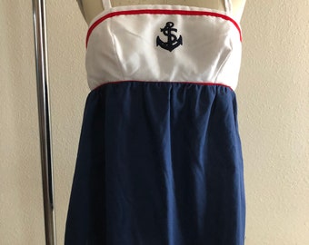 Cute!! Vintage 70s Sears embroidered anchor nautical red white and navy blue spaghetti strap top