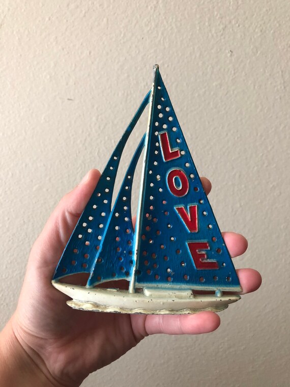 Vintage metal 70s Love sailboat earring holder by… - image 3