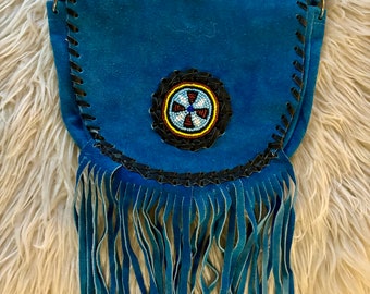 Vintage handmade blue suede fringe beaded southwest boho style Native American shoulder bag purse handbag