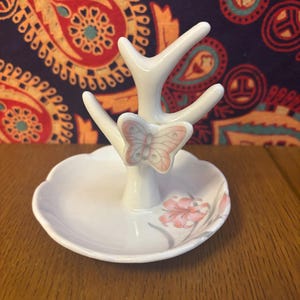 Cute vintage glass/porcelain ring trinkets dish with butterfly and floral accents