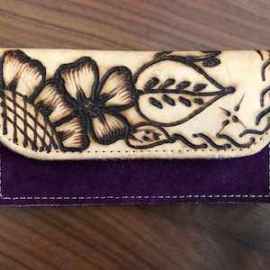 Vintage hand tooled purple leather wallet with flowers personalized with the name Linda