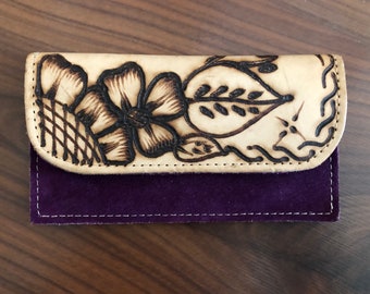 Vintage hand tooled purple leather wallet with flowers personalized with the name Linda