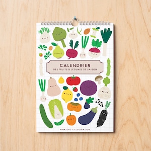 Calendário espiral reutilizável de frutas e legumes da estação | Ilustração picante de Nina | Formato A4