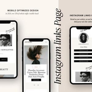 May include: Two mobile phone screen mockups showing a website design for a beauty blog. The first mockup shows a newsletter sign-up form with the text "Join My Newsletter" and "Beauty". The second mockup shows a blog post with the text "Phasellus Accumsan Cursus Velit. Maecenas Vestibulum Donec Pede Justo Fringilla" and a button that says "Read More". The third mockup shows a page with the text "Instagram Links Page" and a list of links with the text "Link Would Go Here".