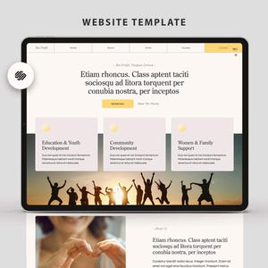 May include: Website template for a non-profit organization. The website features a header with navigation links, a hero image with text, and three sections highlighting different areas of focus: Education & Youth Development, Community Development, and Women & Family Support. The website also includes a donate button and a link to learn more about the charity.