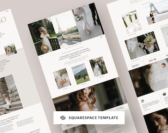 Könnte beinhalten: Eine Website-Vorlage für Fotografen mit weißem Hintergrund und Bildern von Bräuten und Paaren in verschiedenen Umgebungen. Der Text "SQUARESPACE TEMPLATE" wird in einem weißen Kasten mit schwarzem Rand angezeigt.