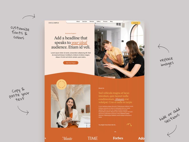 May include: A website design template with an orange and white color scheme. The design includes text that reads "Add a headline that speaks to your ideal audience." The template also features images and the ability to customize fonts and colors.