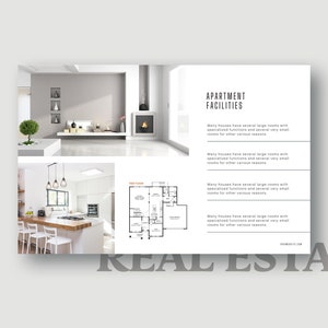 K&ouml;nnte beinhalten: Eine wei&szlig;e K&uuml;che mit einer Arbeitsplatte aus Holz und wei&szlig;en Barhockern. Im Hintergrund ist ein Grundriss des ersten Stocks eines Hauses zu sehen. Der Text "Apartment Facilities" wird auf der rechten Seite des Bildes angezeigt. Der Text lautet: "Viele H&auml;user haben mehrere gro&szlig;e R&auml;ume mit spezialisierten Funktionen und mehrere sehr kleine R&auml;ume f&uuml;r verschiedene Zwecke."