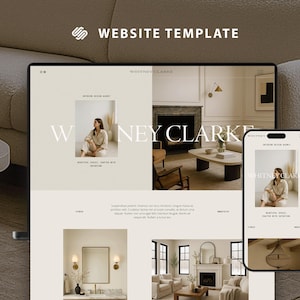 May include: A website template showcased on a laptop and smartphone. The website has a minimalist design with a neutral colour palette and the text "WHITNEY CLARKE". The top of the image has the text "WEBSITE TEMPLATE".