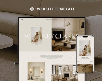 Pode incluir: Um modelo de site exibido em um laptop e smartphone. O site apresenta um design minimalista com uma paleta de cores neutras e o texto "WHITNEY CLARKE". A parte superior da imagem tem o texto "WEBSITE TEMPLATE".